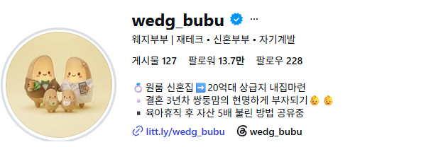 웨지부부 인스타그램 @wedg_bubu 프로필 화면, 게시물 127 · 팔로워 13.7만 · 팔로우 228